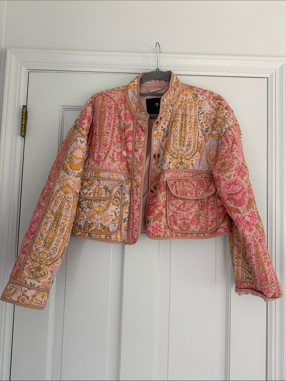 7 For All Mankind Pink and Gold Floral Cropped Quilted Bomber Jacket - Picture 2 of 6